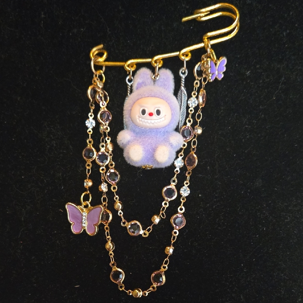 Hand Crafted Labubu Gold and Purple Brooch with Butterfly Charms